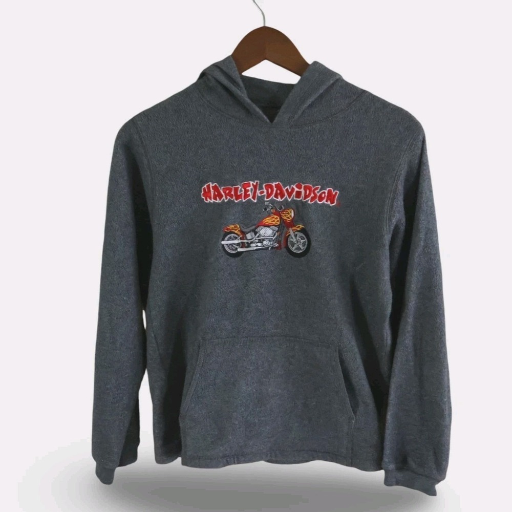 Harley Davidson Youth Boys 12/14 Charcoal Gray Fleece Motorcycle Flame Hoodie XL